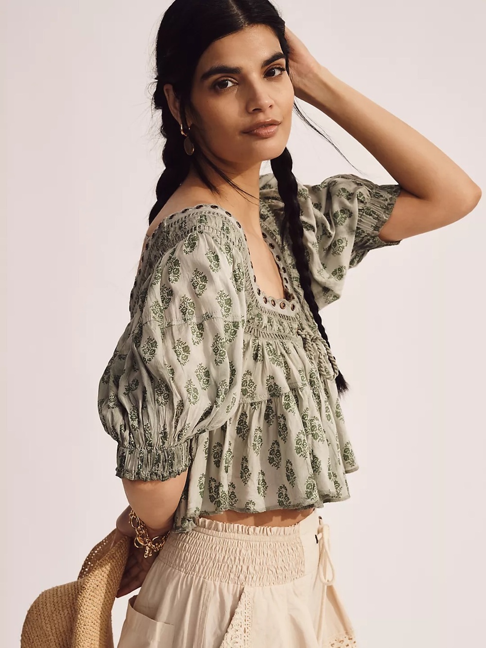 Pilcro Short-Sleeve Crop Babydoll Blouse - Picture 3 of 6